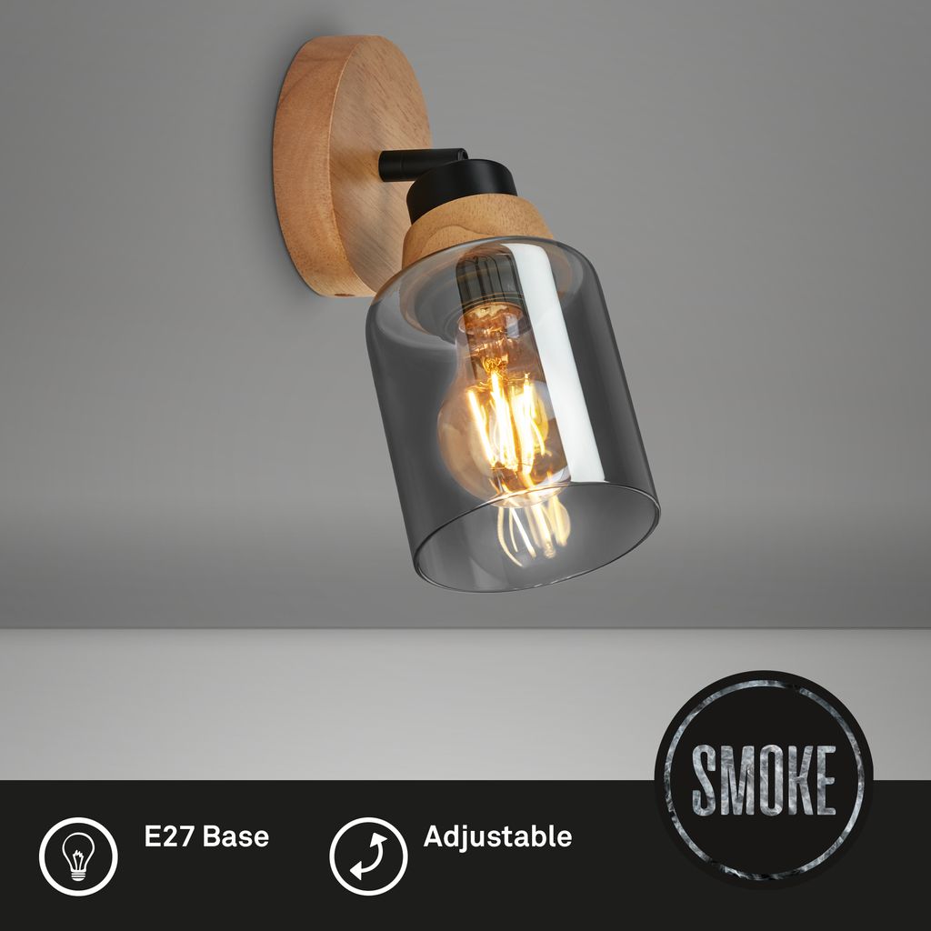 Wall Light E27, Adjustable Smoked Glass & Wood, Metal, Matt Black