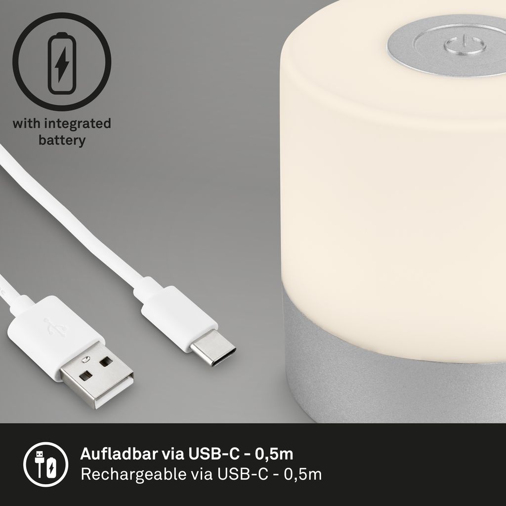 LED Akku-Tischleuchte, 7 cm, USB-C, 2W, 150lm, chrom-matt
