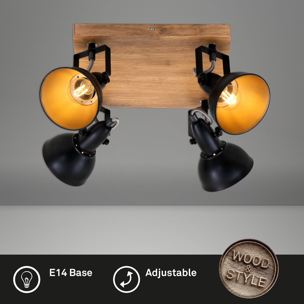 Spotleuchte dreh- & schwenkbar 4x E14 25 W Schwarz-Gold Holz Briloner 2