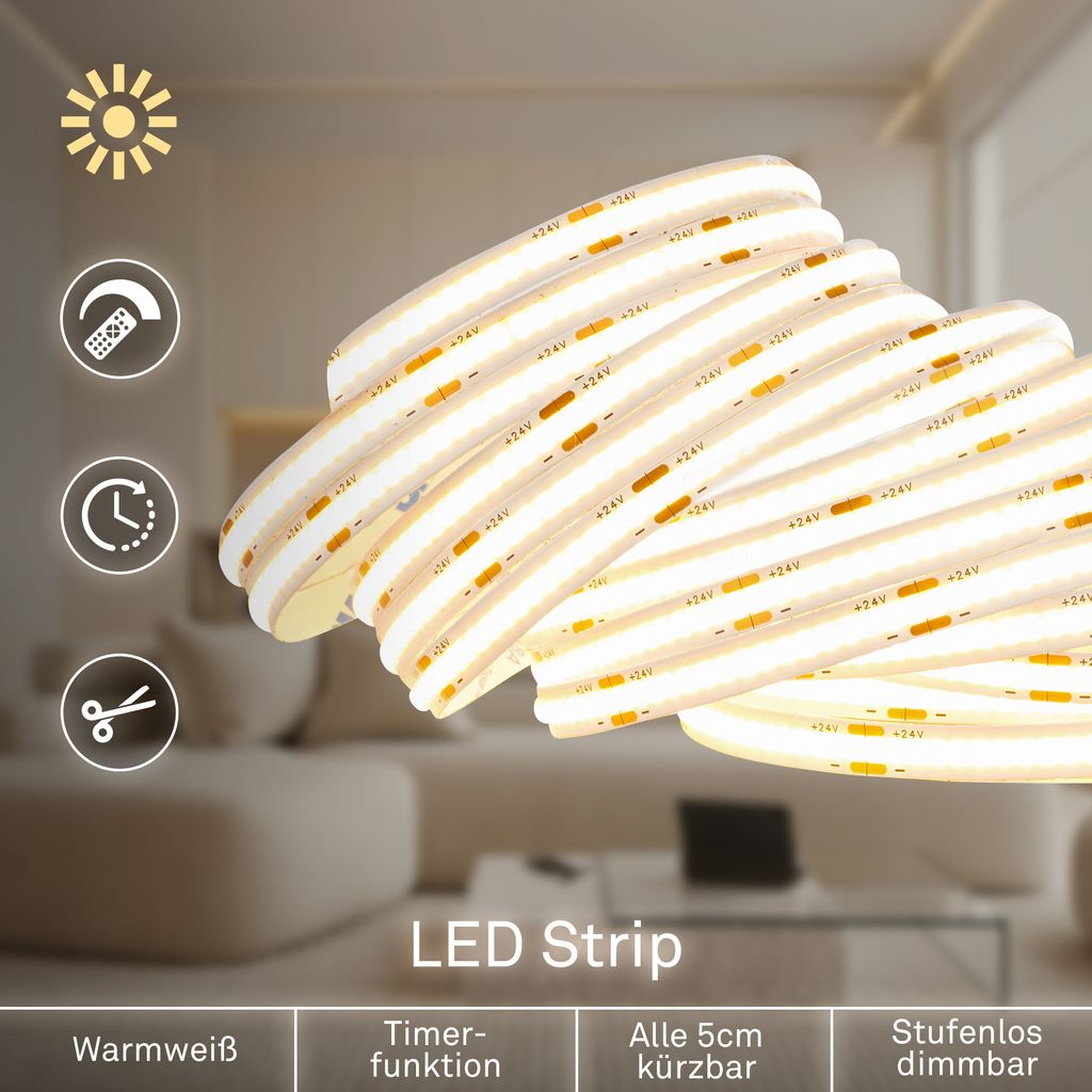 COB LED Streifen 5 m - Dimmbar, Fernbedienung, Warmweiß, Kürzbar, Weiß