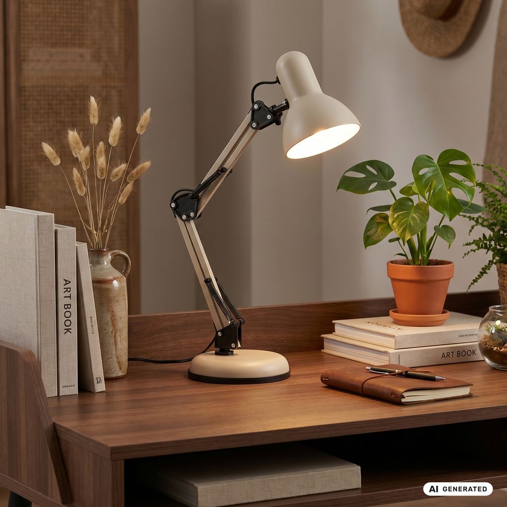 Pixa Schreibtischlampe - mit Stecker, Schalter, Schwenkbar, E14, Beige