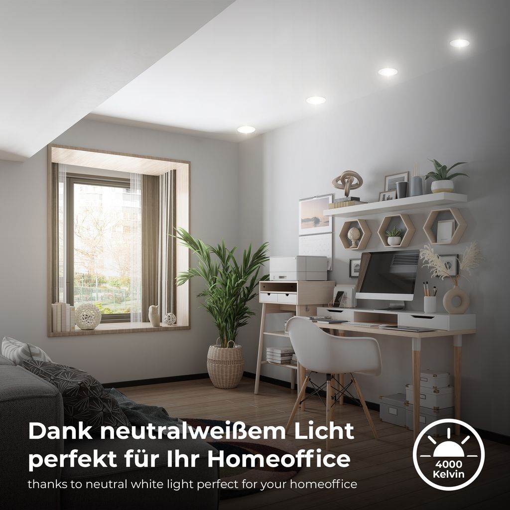 B.K.Licht - Set of 6 LED rescessed spotlights 230V, LED spotlight for bathroom splash water protection IP44, neutral white light, ceiling spotlights, LED spots, ceiling spots flat, 85x25mm (DxH), white