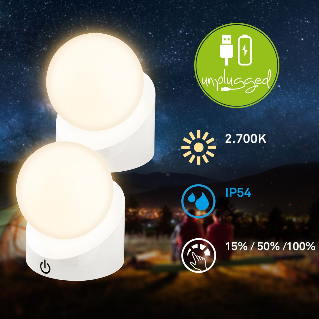 Sora Mini LED Tischlampe kabellos IP54, Dimmbar, Touch, 2er Set, Weiß