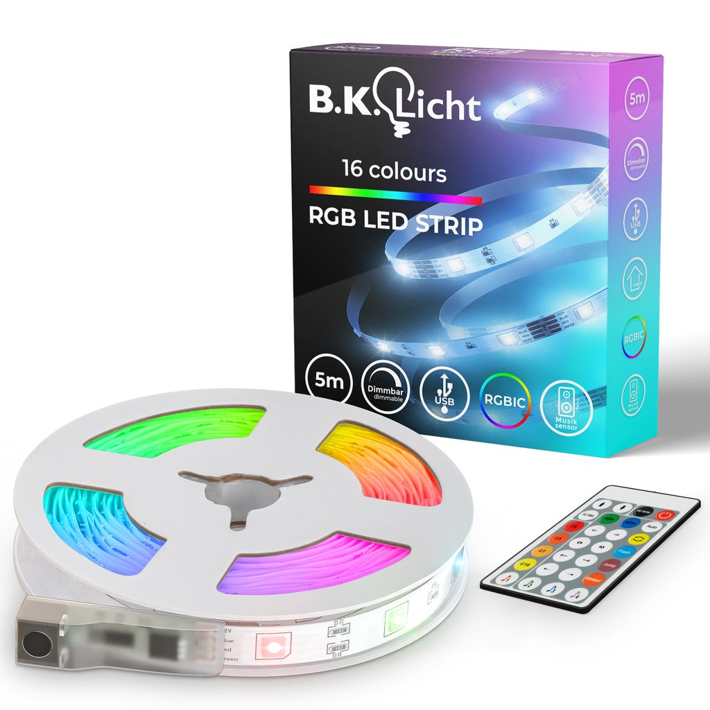 B.K.Licht I USB RGBIC LED Stripe 5 m I Music Sensor I Music Sync I Light Strip I LED Chaser I Strip with Colour Change Remote Control I Light Strip Self-Adhesive