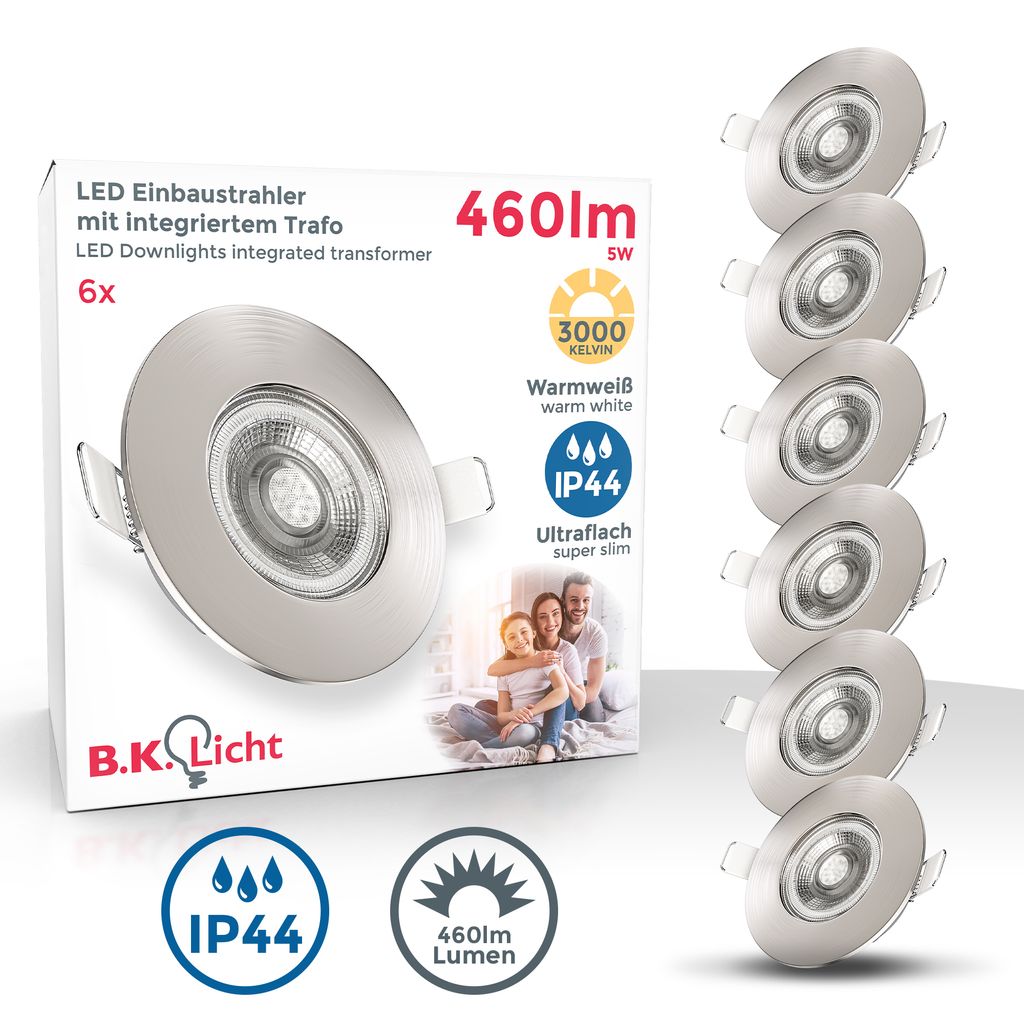 Einbaustrahler 68mm 6er Set - 230V, 4,9W, 480lm, LED, IP44, warmweiß, matt-nickel