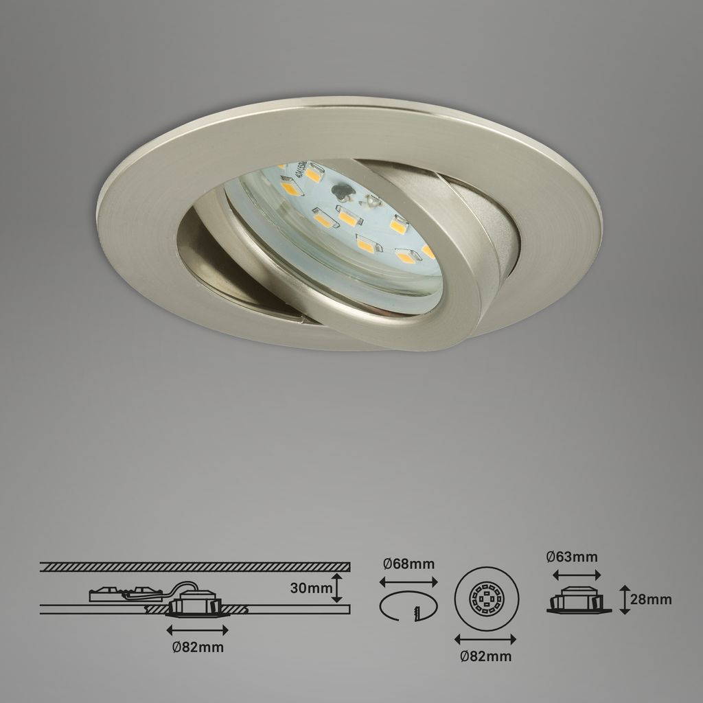 LED Downlight "ATTACH" I Synthetic material / matt-nickel I incl. 3 x LED-module 4,8W 350lm 3.000K I Lifetime 20.000 h, Ra>=80 I IP23 / Protection class II I non-dimmable I swiveling I 82x28mm (DxH) I Installation size 68mm (D)