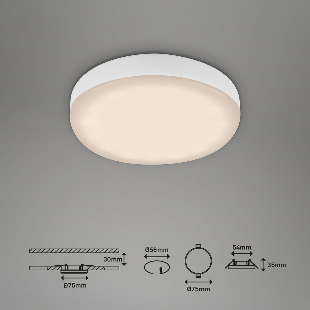 PLAT frameless LED-downlights, set of 3 I plastic-metal / white I incl. 3 x LED-platine 3W 350lm 3.000K I lifetime 25.000h, Ra>=80 I not dimmable I IP44 I 75x36mm (DxH) I Installation dimensions: 60x30mm (DxH)