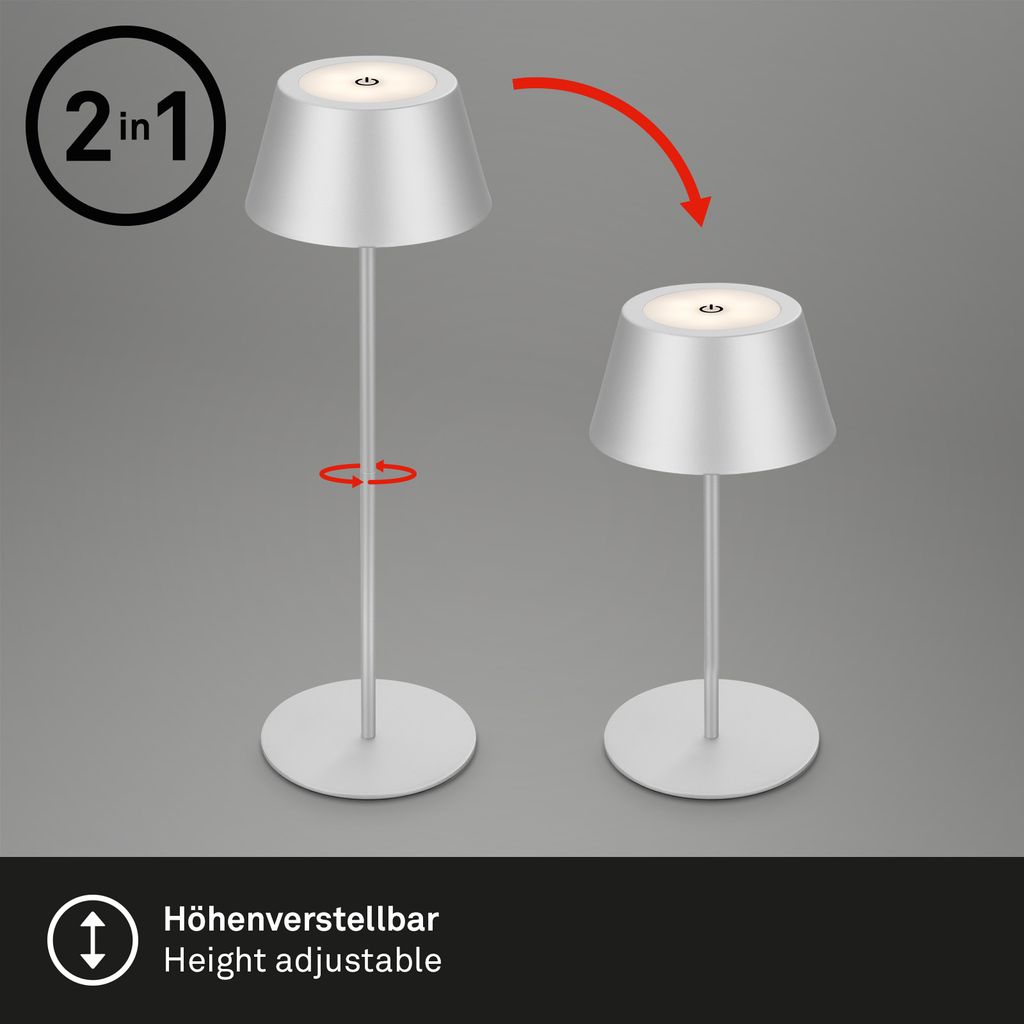 LED Akku-Tischleuchte Tischlampe höhenverstellbar IP44 silber RGB innen außen 6