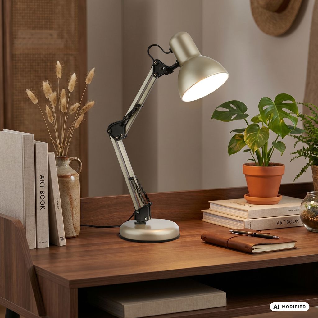 Pixa Schreibtischlampe - mit Schalter, Schwenkbar, E14 Fassung, Satin-Metallic