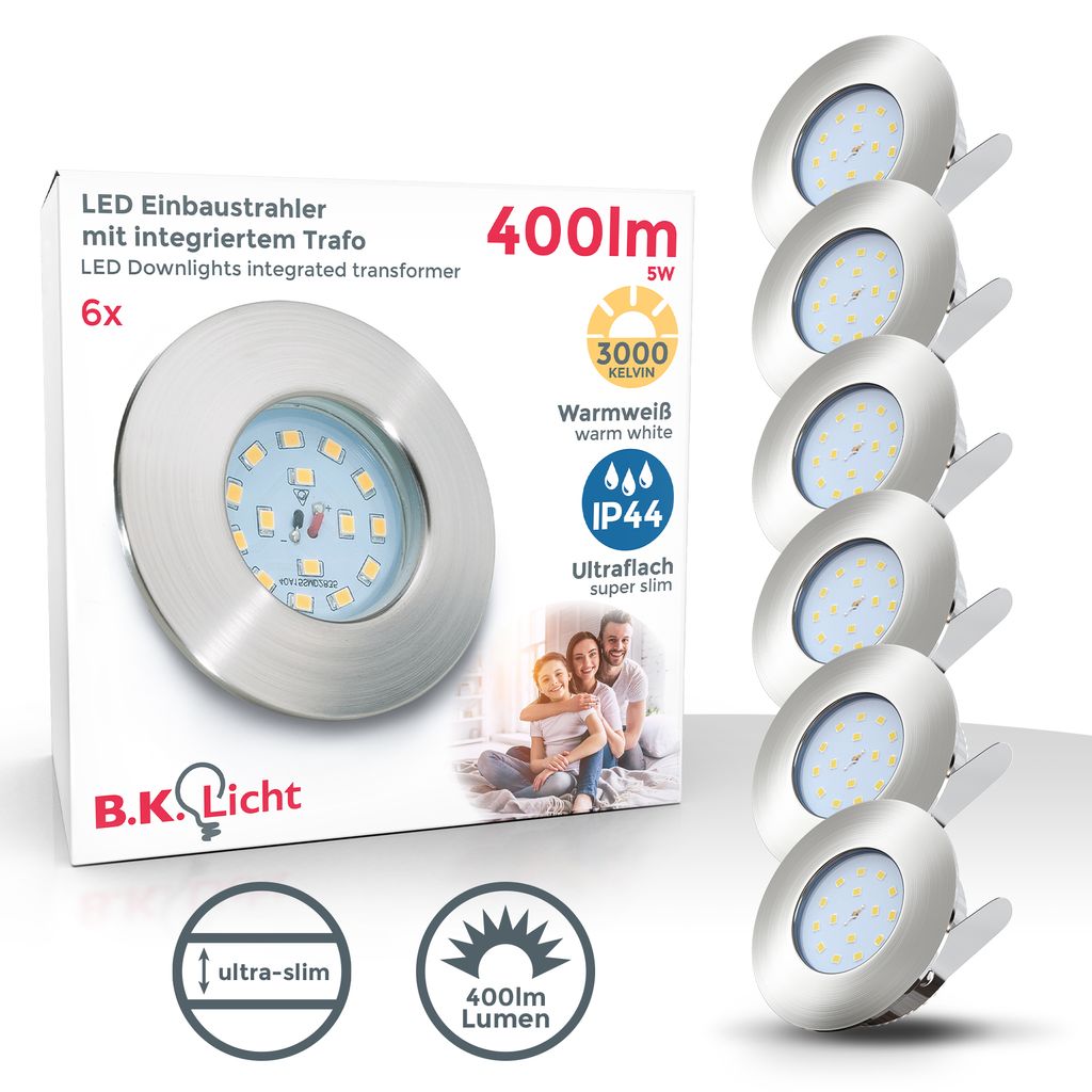 B.K.Licht - Set of 3 LED IP44 Rated Recessed Bathroom Spotlights with 3x built-in 5W LED module, brushed nickel, round, extra flat