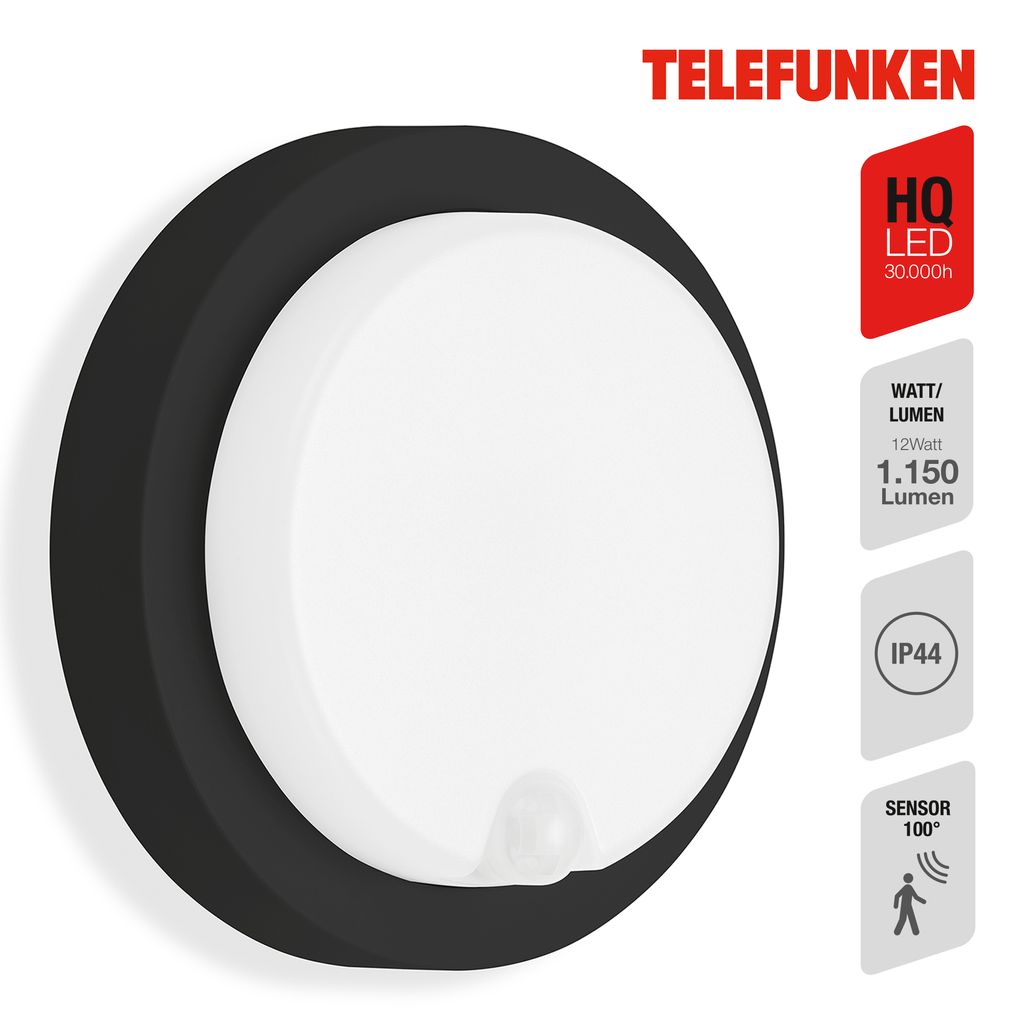LED Außenwandleuchten Bewegungssensor IP44 Ø17cm 12W schwarz Telefunken 2