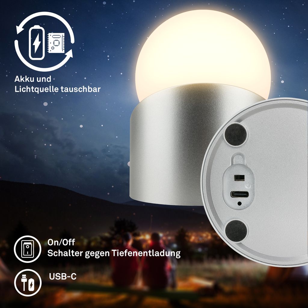 Sora Mini LED Tischlampe kabellos IP54, Dimmbar, Touch, 2er Set, Chrom-Matt