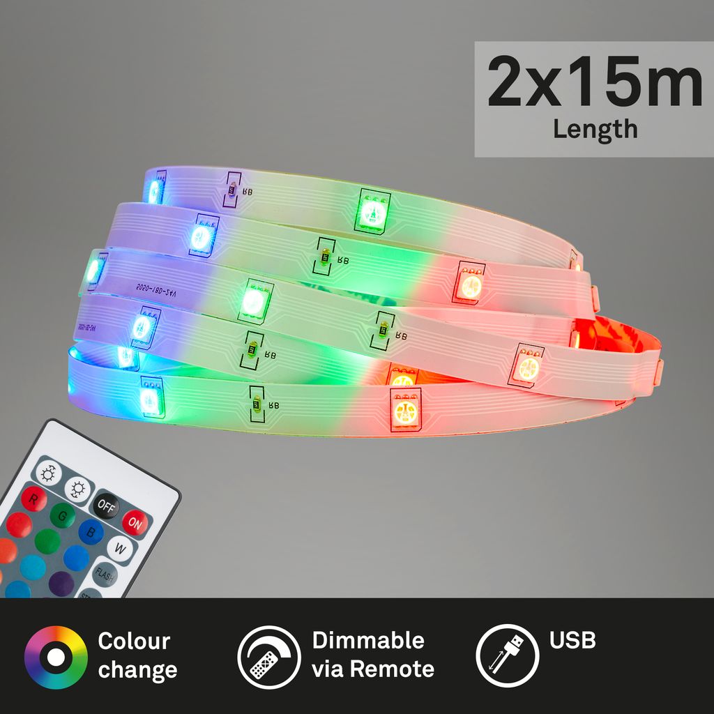 Briloner LED Strip 30m, télécommande, modes de couleur RGB, blanc