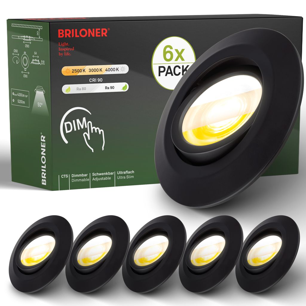 Briloner Klira set di 6 faretti LED da incasso 230V, dimmerabili, orientabili, nero