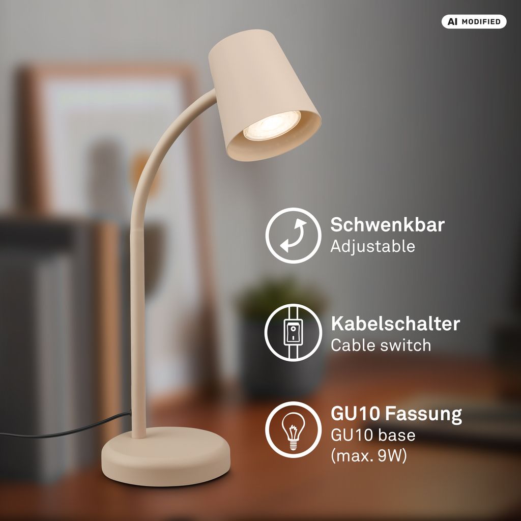 Skriva Tischlampe - Schwenkbar, Schalter, GU10 Fassung, max. 9W, Beige