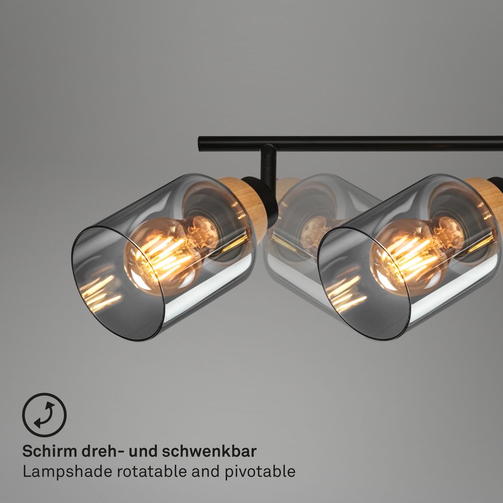 Briloner Hema Deckenstrahler, Rauchglas, schwenkbar, 4-flammig, Holzbasis