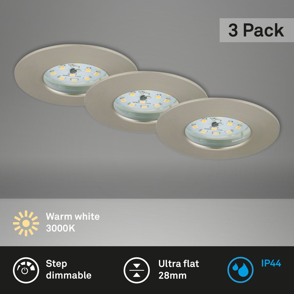 LED downlights 3er-set 3-flames I plastic / satin-nickel I incl. 3 x LED-module 6,3W 460lm 3.000K I lifetime 20.000 h, Ra>=80 I 3 steps dimmable I fixed I IP44 / protection class II I 75x28mm (DxH) I installation dimension 60mm (D)