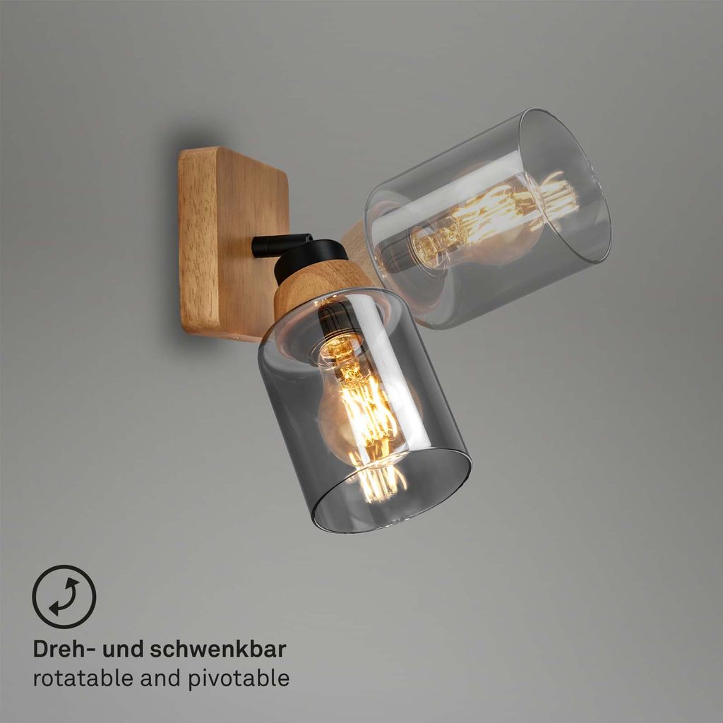Briloner Royk Wandleuchte, Rauchglas, schwenkbar, 1-flammig, Holzbasis