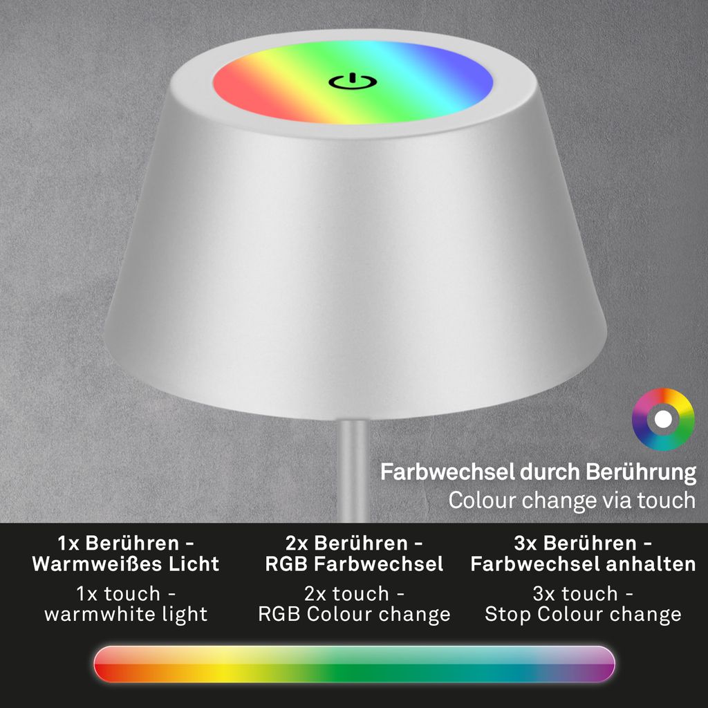 LED Akku-Tischleuchte Tischlampe höhenverstellbar IP44 silber RGB innen außen 4