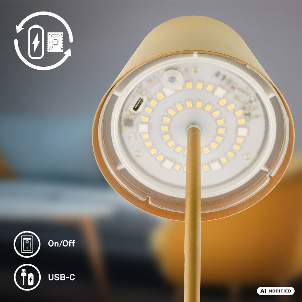 Briloner Calida 3 in 1 RGBW LED Tischlampe kabellos IP44, Dimmbar, Touch, Gold
