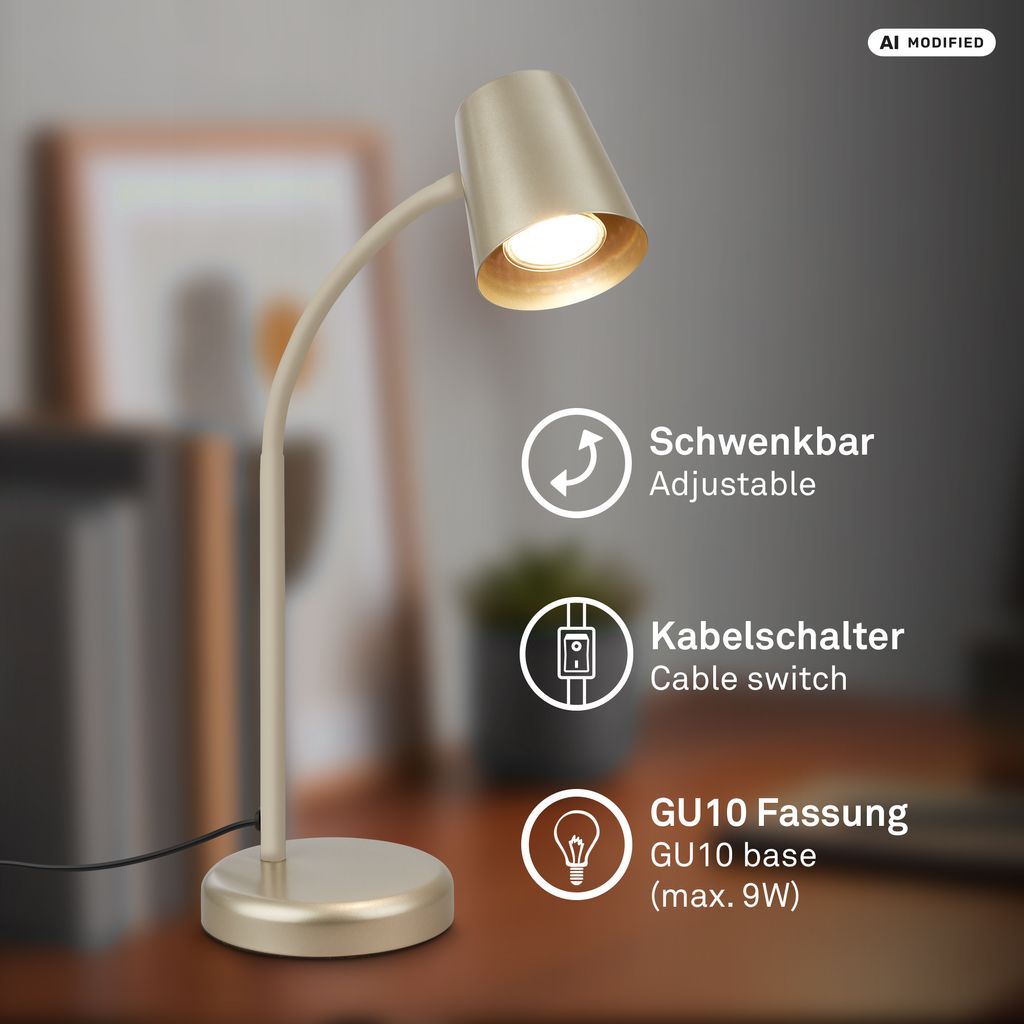 Skriva Tischlampe - Schwenkbar, Schalter, GU10 Fassung, max. 9W, Satin-Metallic