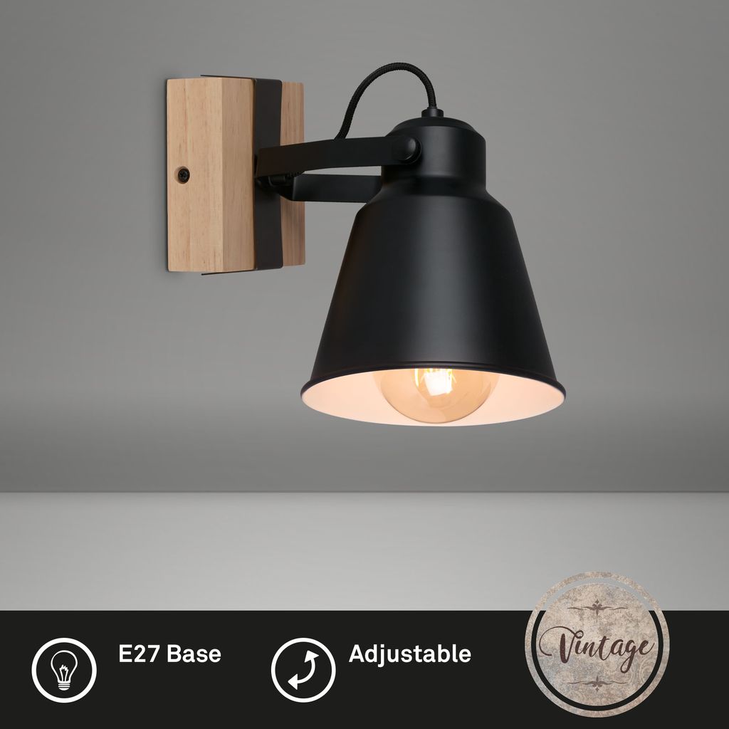Wandleuchte Wandspot Schwenkbar 1xE27 40W schwarz Metall-Holz Briloner 2