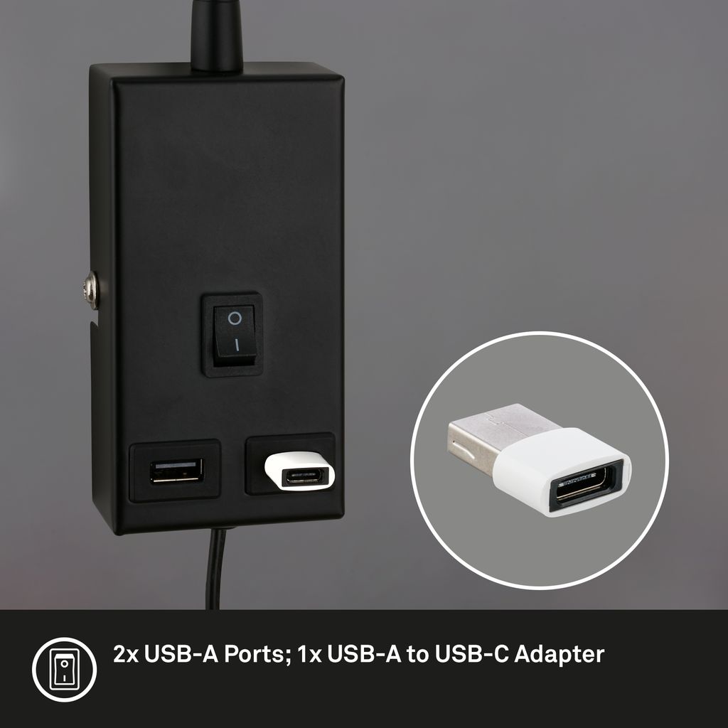 Briloner Justra leeslamp, draaibaar, 2 USB poorten, zwart
