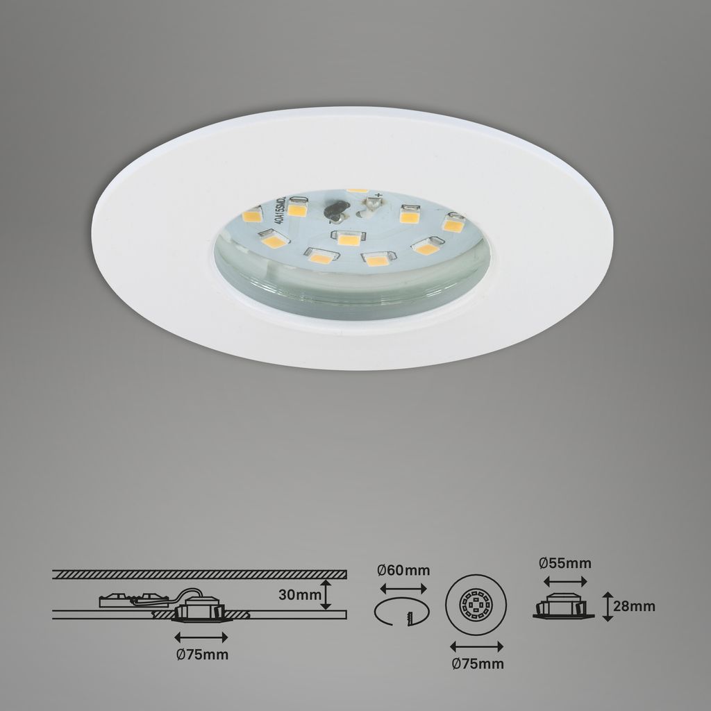 LED downlights 3er-set 3-flames I plastic / white I incl. 3 x LED-module 6,3W 570lm 3.000K I lifetime 20.000 h, Ra>=80 I 3 steps dimmable I fixed I IP44 / protection class II I 75x28mm (DxH) I installation dimension 60mm (D)