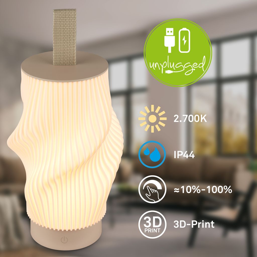 Tubi Tischleuchte - 2W, 150lm, Akku, LED, Touch, Dimmbar, 3D-Druck, Beige