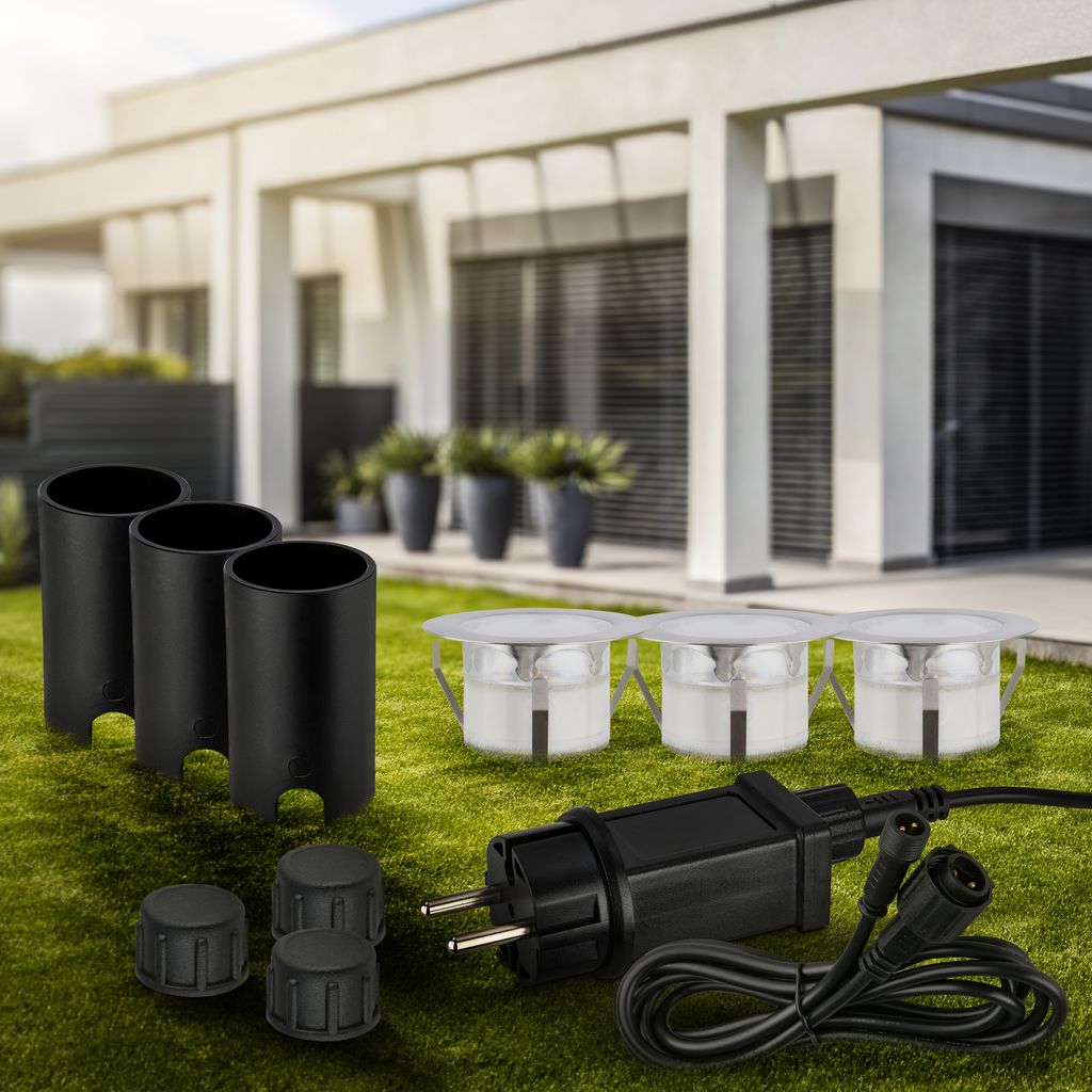 Starter-SET 12V Gartenbeleuchtung Trafo, 3x LED Boden-Einbaustrahler, IP67, Silber