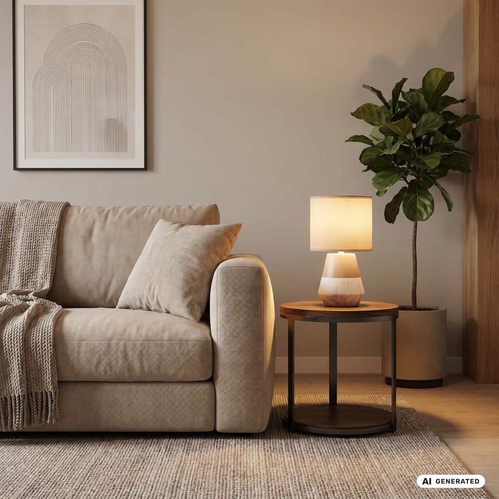 Linda Tischlampe - mit Schalter, Keramik, E14 Fassung, Beige-Holzoptik