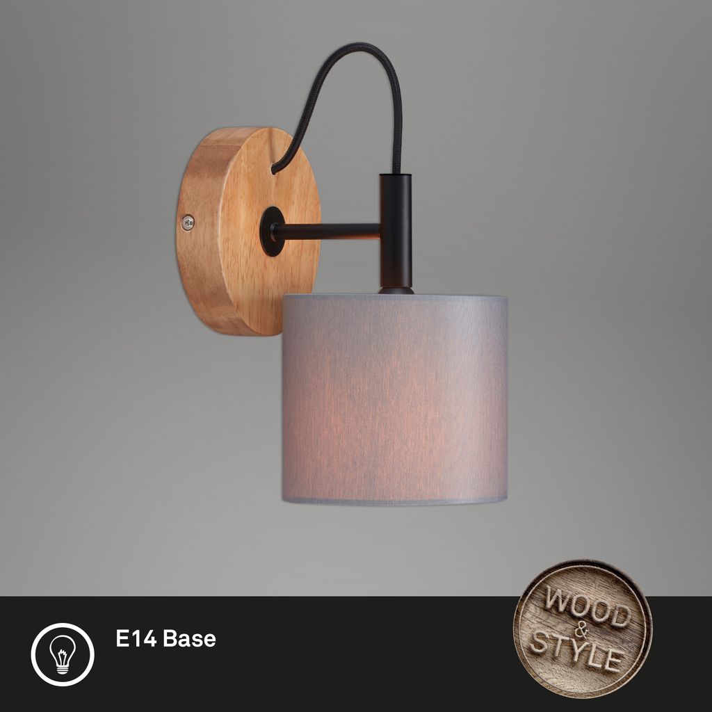 Wandleuchte Wandspot vintage 1xE14 25W Stoffschirm grau Holzbasis Briloner 2