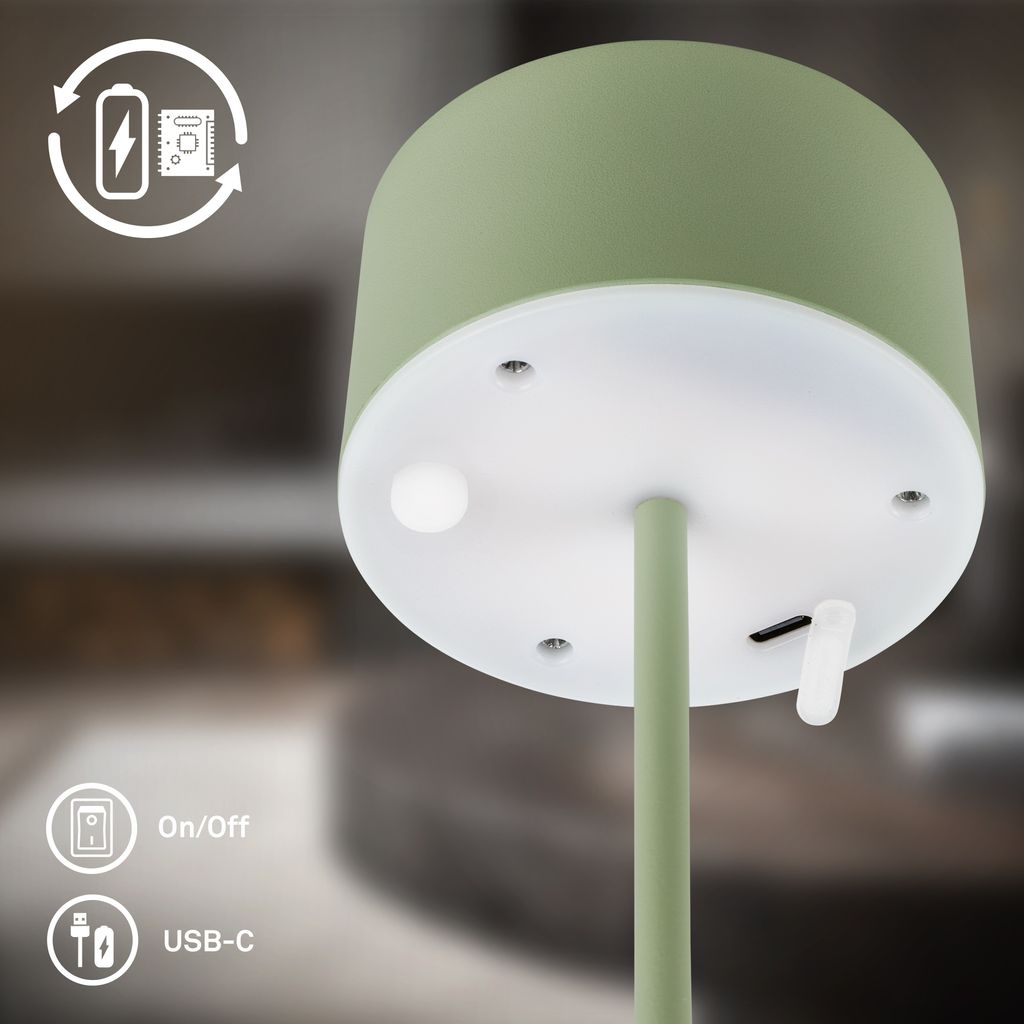 Kira Table Lamp - 2.6W, 150lm, Rechargeable Battery, LED, Touch Control, Dimmable, Sage Green