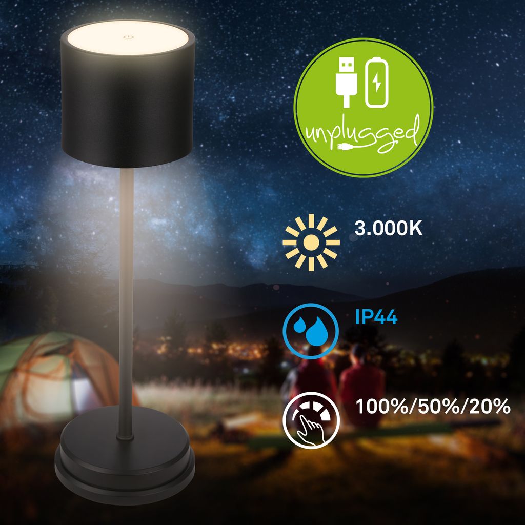 Briloner Sigo LED Tischlampe kabellos IP44, Dimmbar, Ladestation, Schwarz