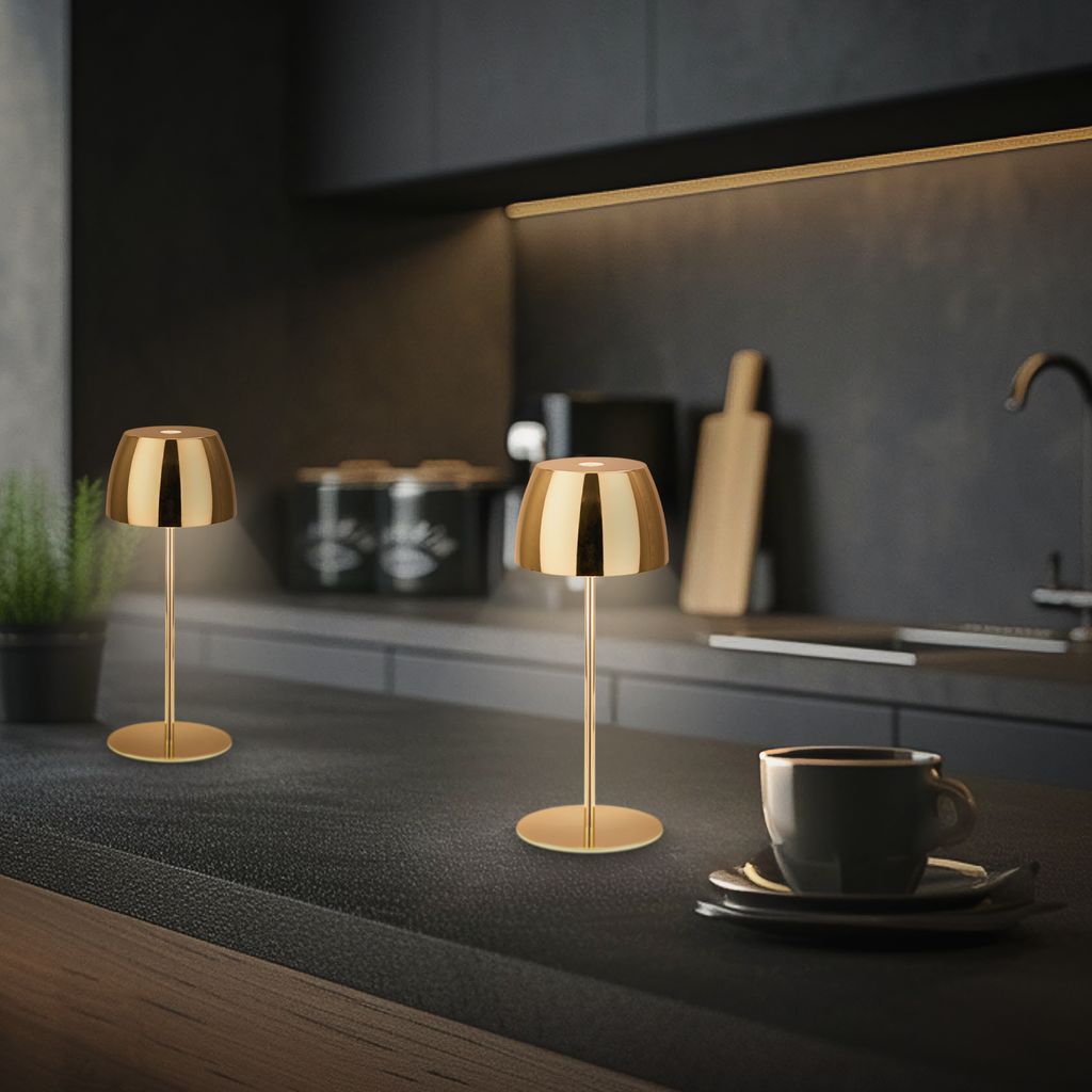 Serina Mini LED Tischlampe kabellos IP44, Dimmbar, Touch, 2er Set, Goldfarbig