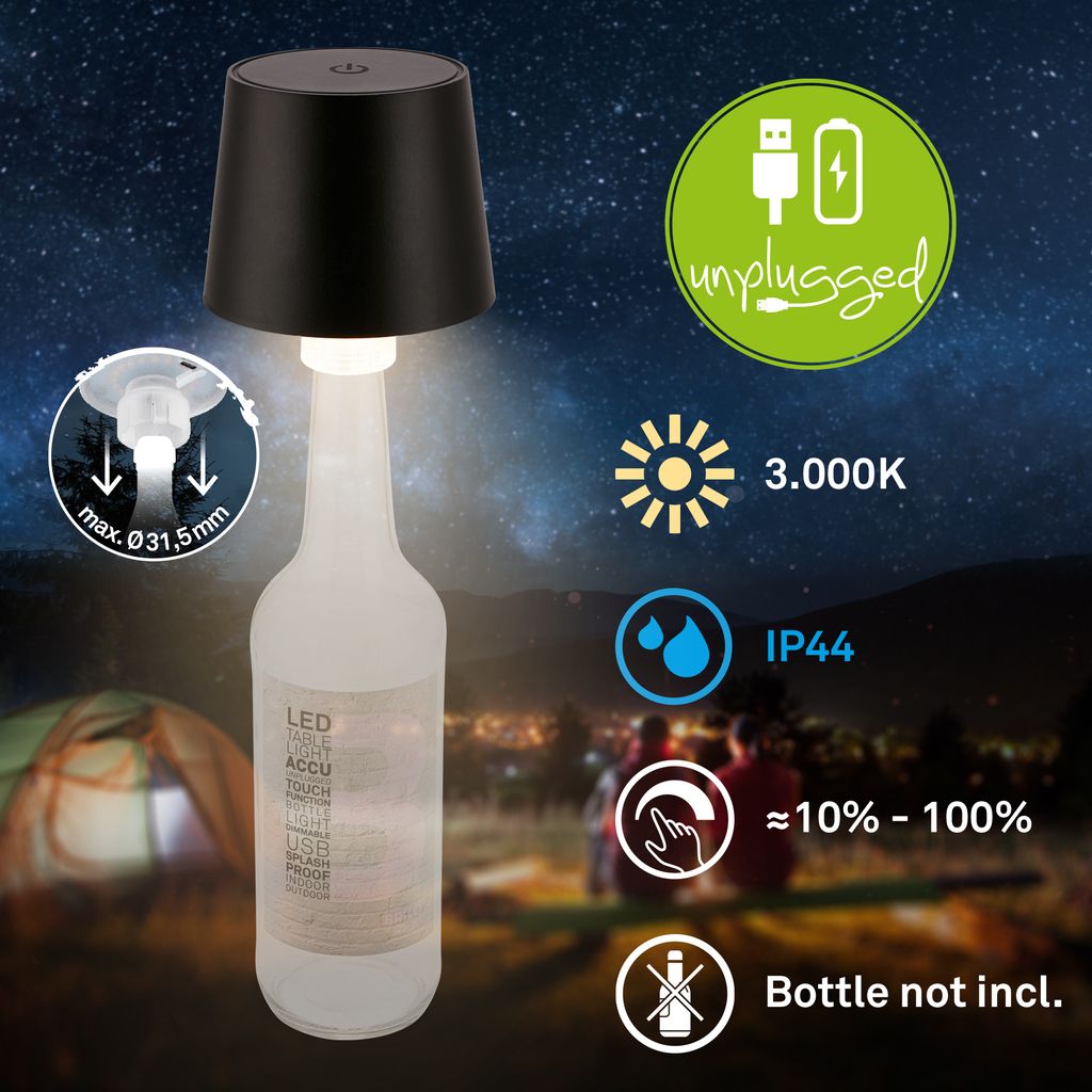 Bota Flaschenlampe - 1,8W, 120lm, Akku, LED, Dimmbar, Touch, Warmweiß, Schwarz