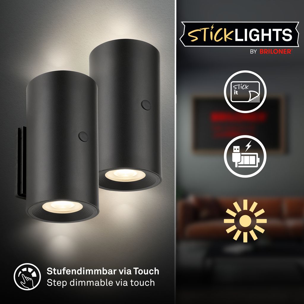 Isy Wandlampe - 2W, 140lm, Akku, LED, Touch, Dimmbar, 2er Set, Schwarz