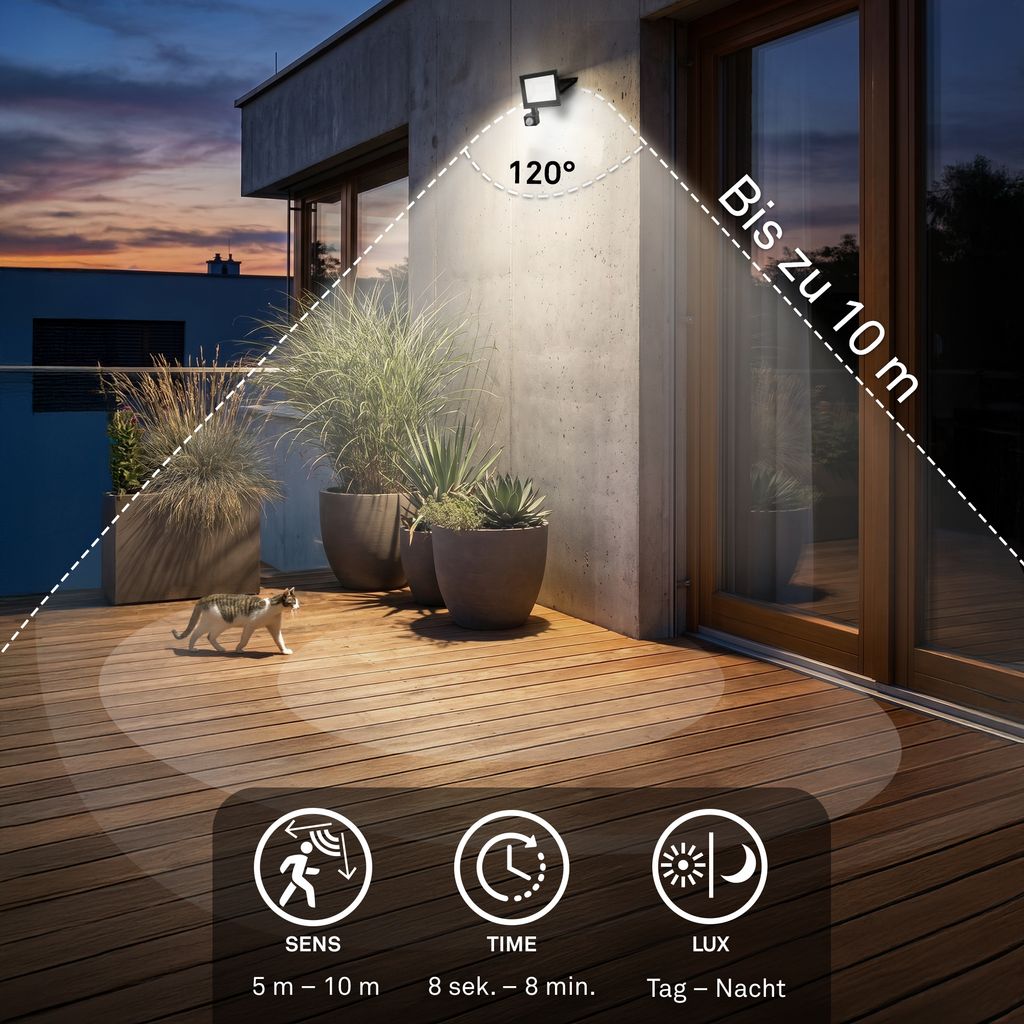 Varo Outdoor Floodlight - 30W, 2700lm, With Motion Sensor, LED, Neutral White, IP65, Black