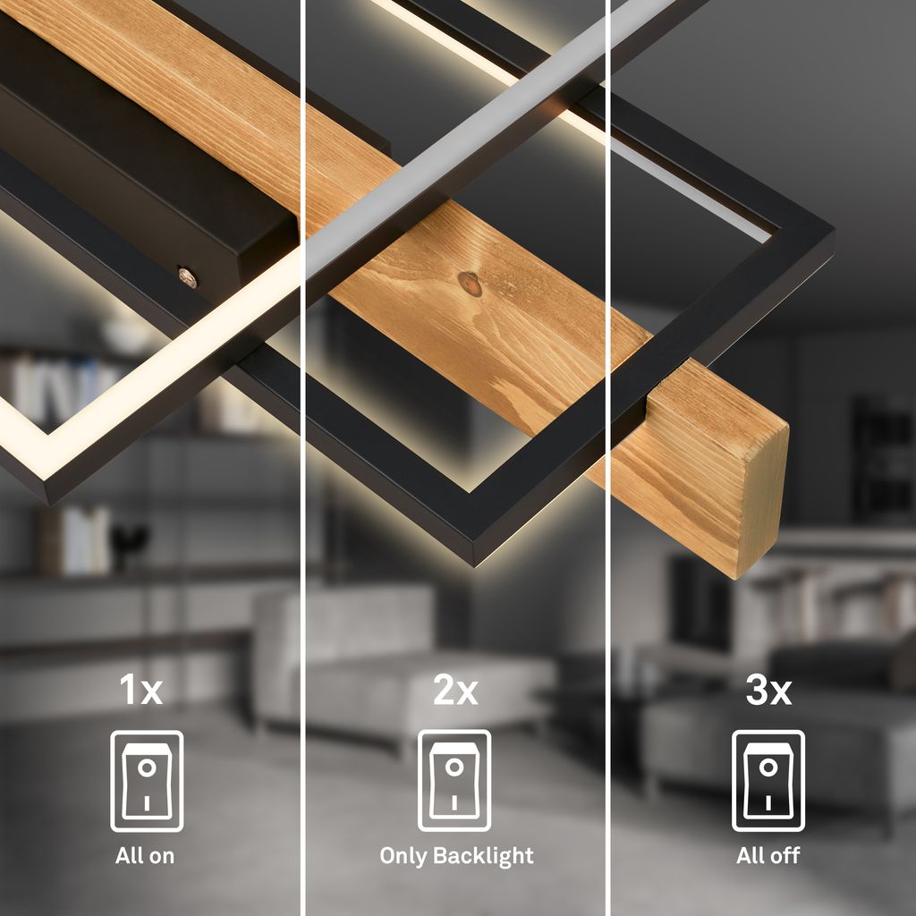 Cadre LED Deckenlampe, Backlight, 3-Stufen Schaltung, 2 Frames, Holzdekor, 55x30 cm, Schwarz-Holz