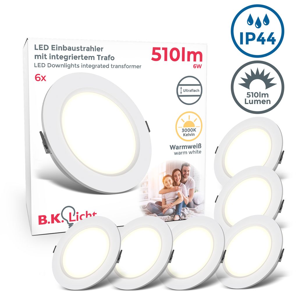 Einbaustrahler 95mm 6er Set - 230V, 6W, 510lm, LED, IP44, warmweiß, weiß