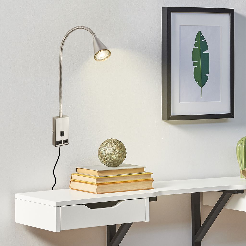 Briloner Justra leeslamp, draaibaar, 2 USB poorten, mat nikkel