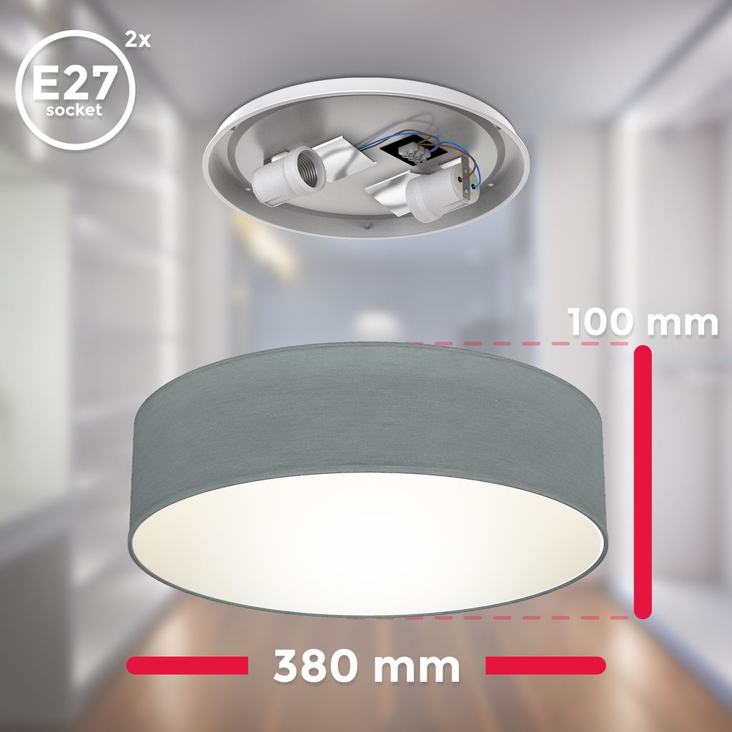 B.K.Licht Ceiling Lamp Shade, Ø38cm/15in, Grey Fabric, 2 E27 sockets, Bulbs not Included, Flush Mount Ceiling Fitting, Modern Light Fitting for Bedroom, Living Room, Dining Area, IP20