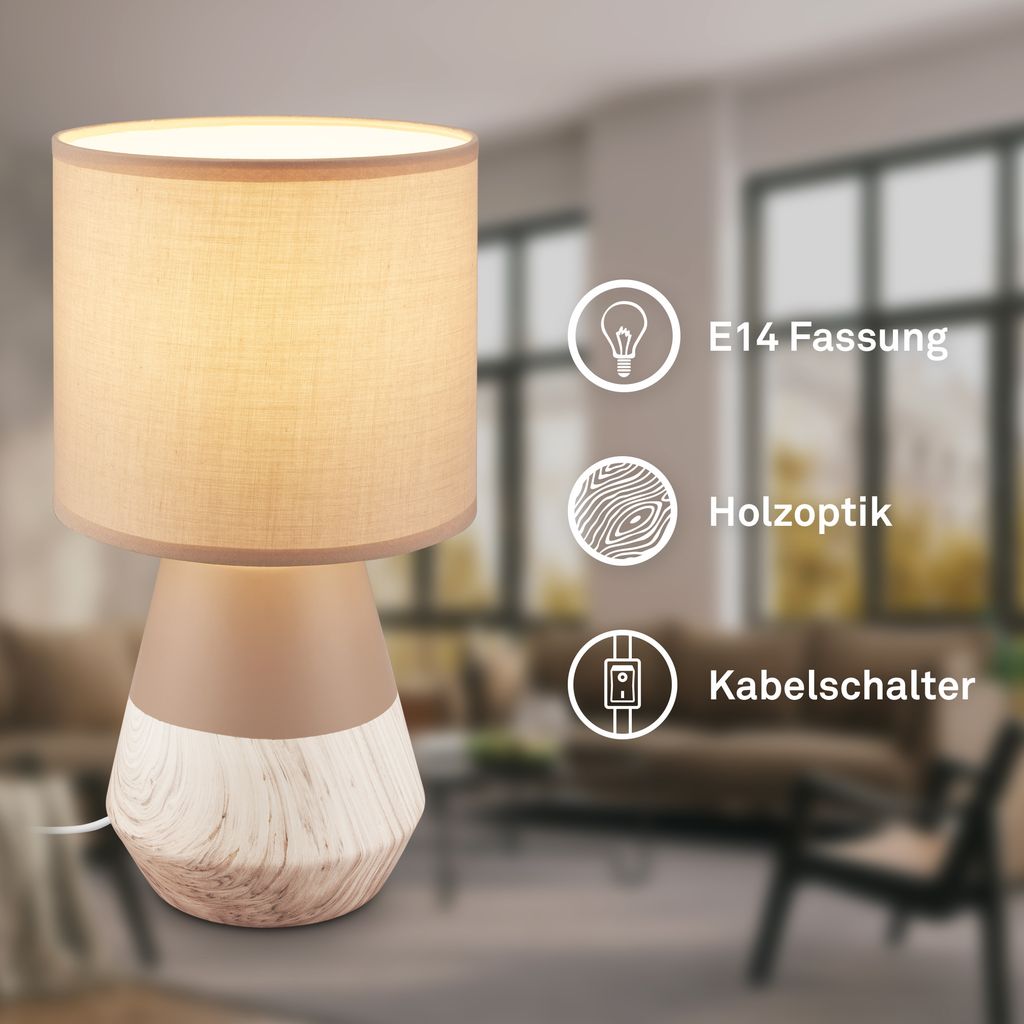 Linda Tischlampe - mit Schalter, Keramik, E14 Fassung, Beige-Holzoptik