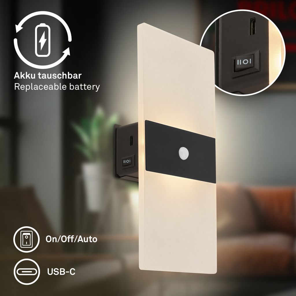 Aura Wandleuchte - 2,5W, 100lm, Akku, LED, mit Bewegungsmelder, Schwarz