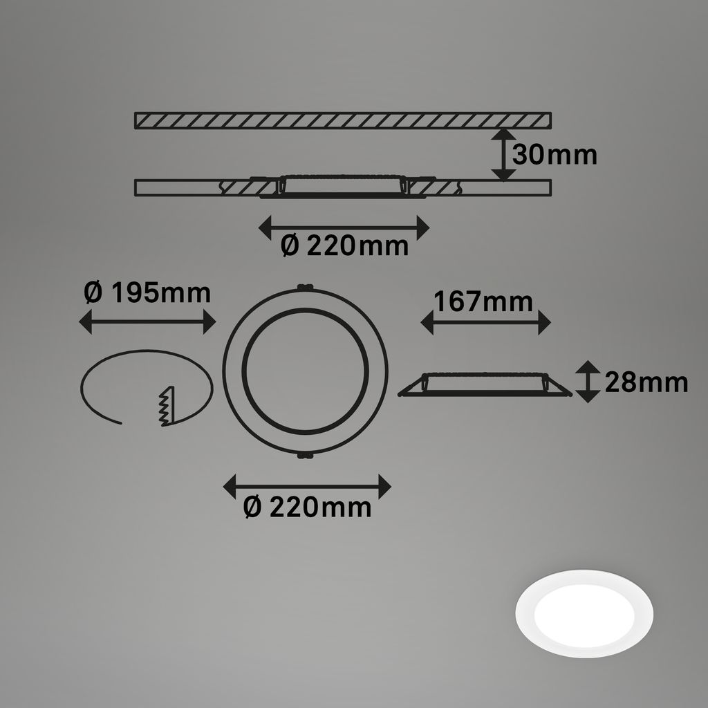 LED Einbaustrahler Ø220 mm, flach, 18W, 230V, 18W, Neutralweiß, Weiß