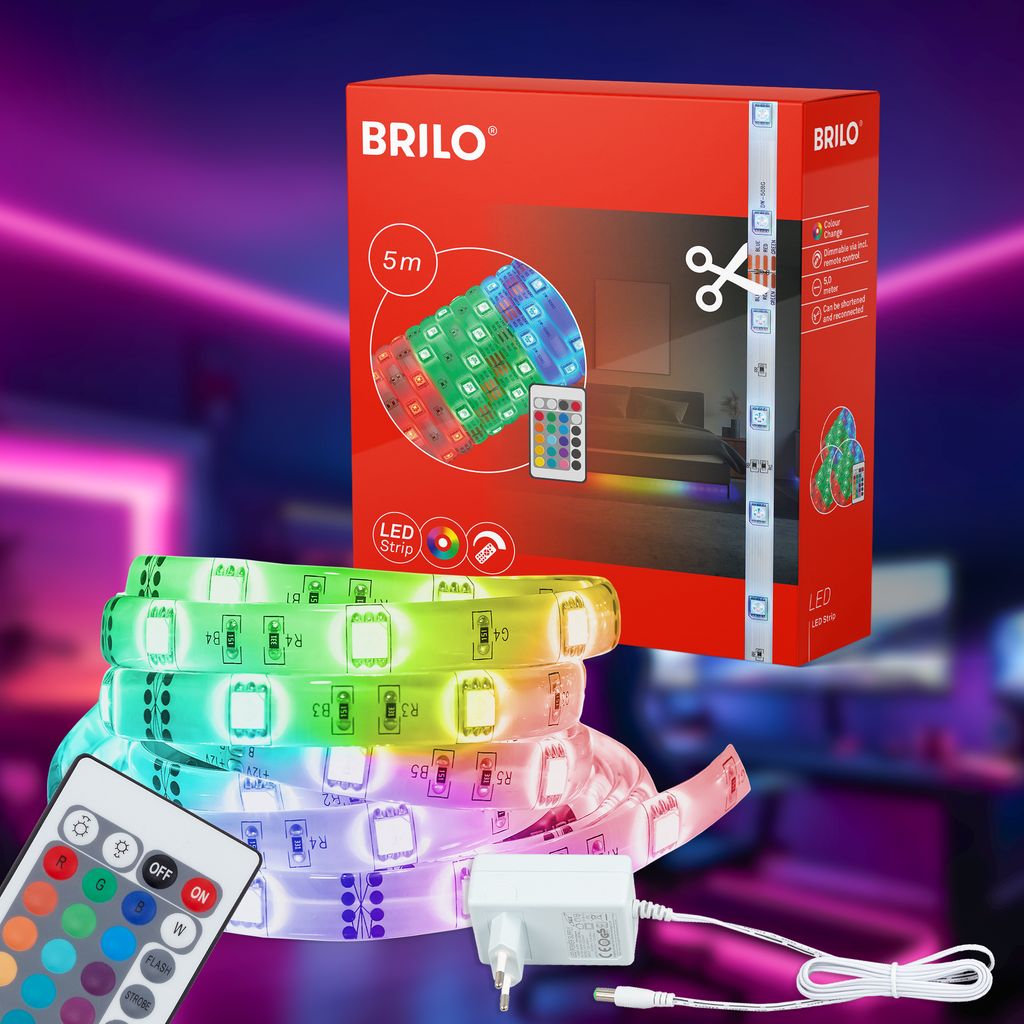 LED Stripe 5 Meter RGB Individuell kürzbar 24W weiß Kunststoff Briloner 5
