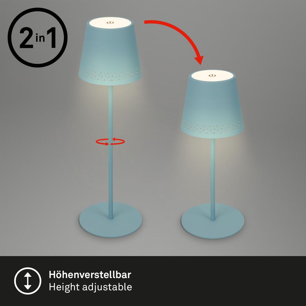 LED Akku-Tischleuchte Tischlampe höhenverstellbar IP44 hellblau RGB innen außen 5