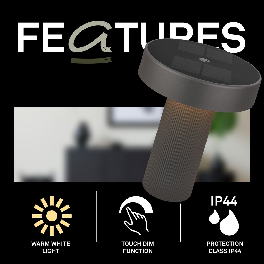 Poga Tischlampe - 1W, 150lm, Kabellos, LED, Dimmbar, Solar, Anthrazit