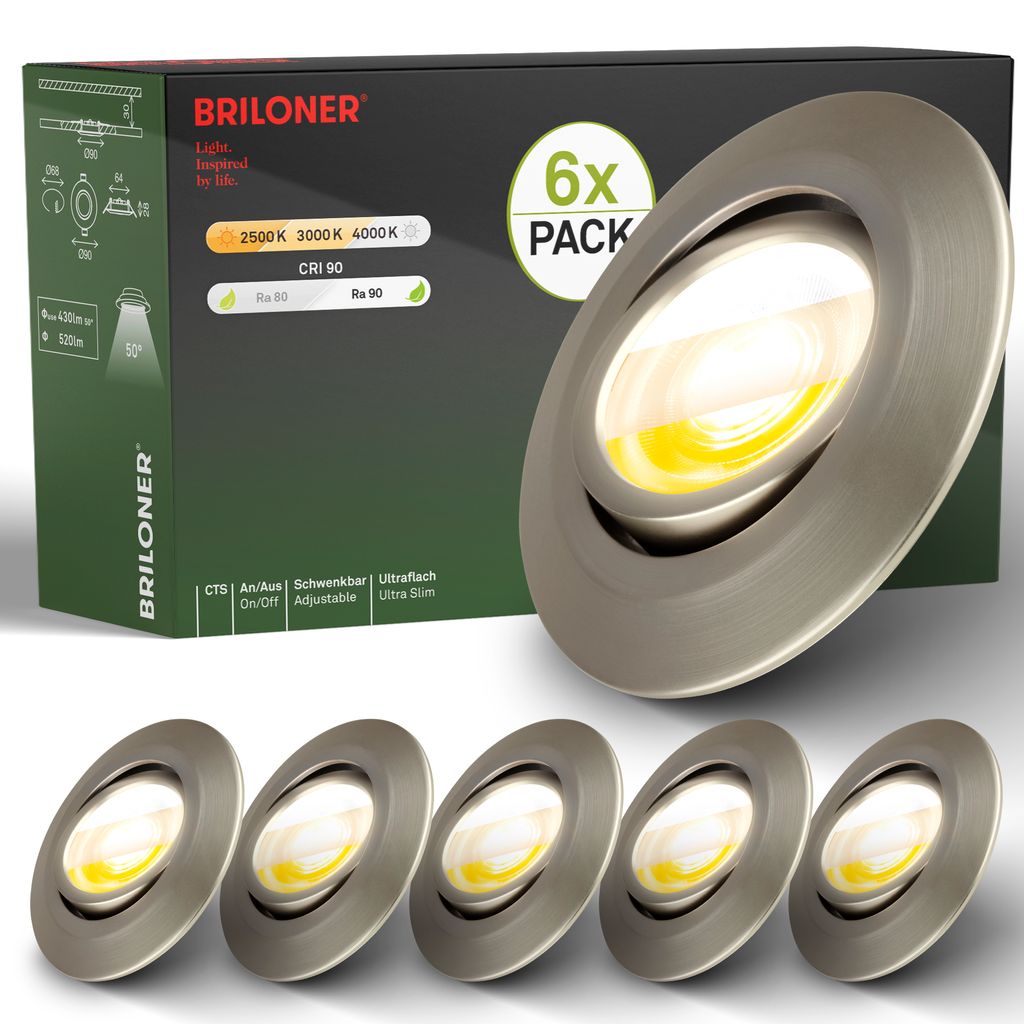 6er Set LED Einbaustrahler Ø90 mm ? CTS, flach, schwenkbar, 230V, 5W, Matt-Nickel