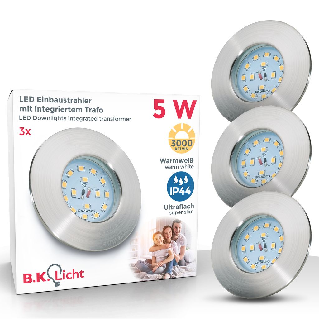 B.K.Licht - Set of 3 LED IP44 Rated Recessed Bathroom Spotlights with 3x built-in 5W LED module, brushed nickel, round, extra flat